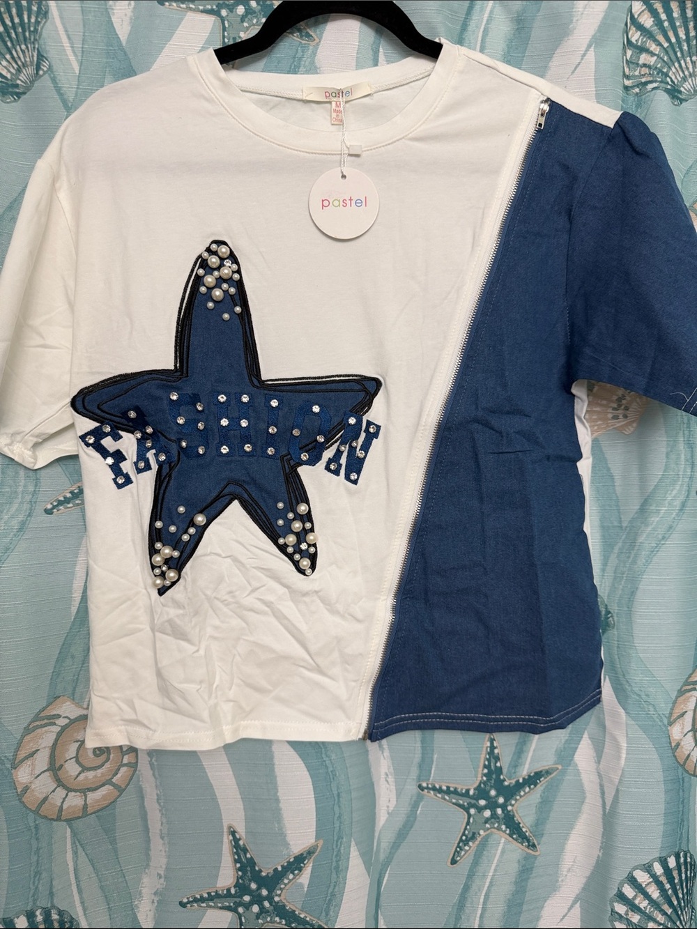 Pastels White & Navy Star Applique Short Sleeve Tee